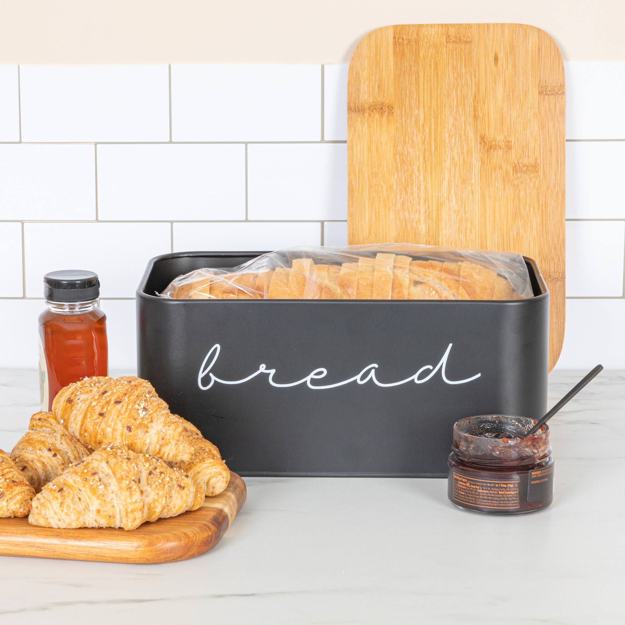 Hello Honey® 11.75" Black Metal Bread Bin with Bamboo Lid